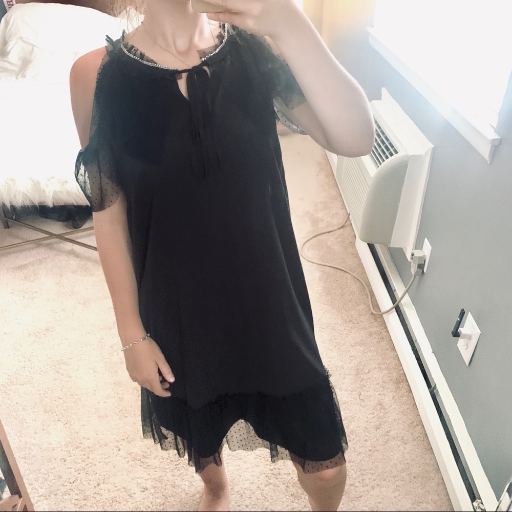 Libby Edelman Black Cold Shoulder Rhinestone Dress - image 3